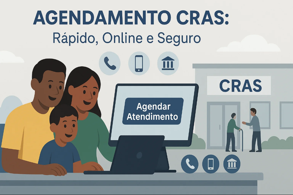 Família usando notebook para agendar atendimento no CRAS com opções por telefone, aplicativo e presencial ao fundo.