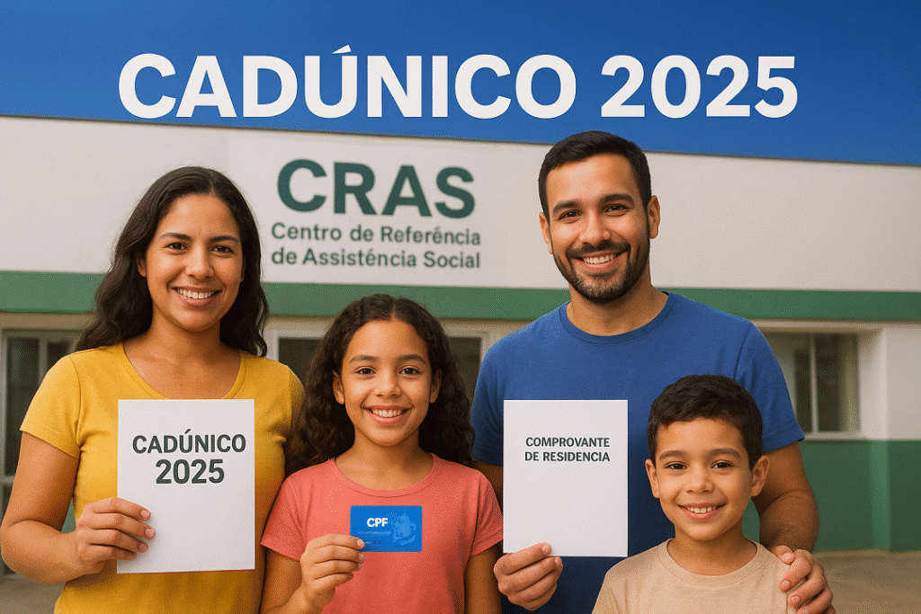 Família com documentos em frente ao CRAS durante atualização do CadÚnico 2025.