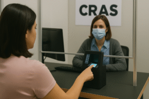 Pessoa utilizando leitor biométrico em centro de atendimento