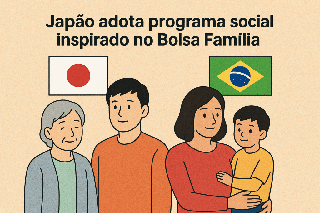 Famílias representando Brasil e Japão com suas bandeiras, destacando programas sociais como Bolsa Família e Seikatsu Hogo.