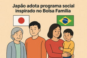 Famílias representando Brasil e Japão com suas bandeiras, destacando programas sociais como Bolsa Família e Seikatsu Hogo.