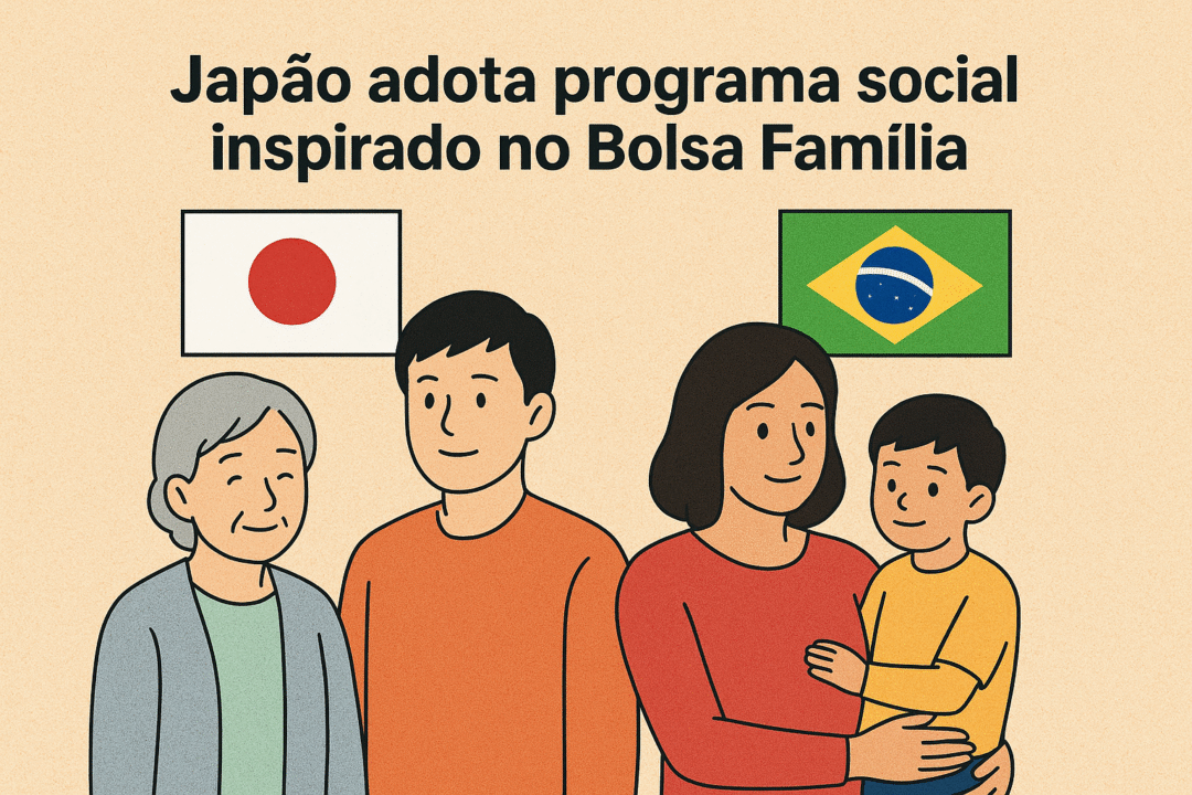 Famílias representando Brasil e Japão com suas bandeiras, destacando programas sociais como Bolsa Família e Seikatsu Hogo.