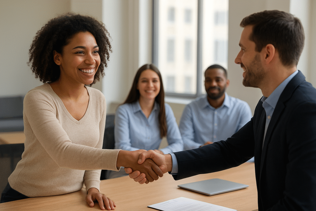 Mulher sorridente aperta a mão de recrutador durante entrevista de emprego, representando inclusão social pelo CadÚnico.