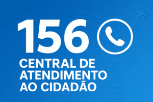 Número 156 em destaque com ícone de telefone sobre fundo azul, representando a Central de Atendimento ao Cidadão.