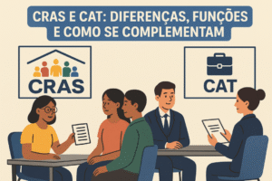 Ilustração mostrando duas equipes de atendimento, uma do CRAS e outra do CAT, orientando pessoas sobre serviços sociais e de emprego.