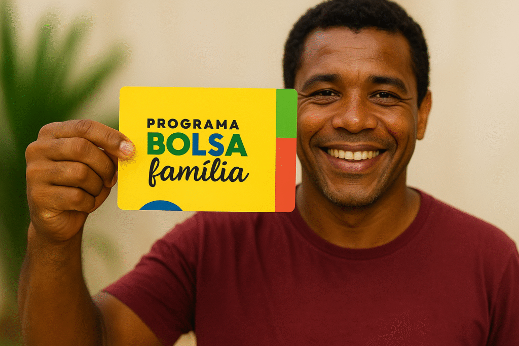 Cartão do Bolsa Família segurado por beneficiário, simbolizando o calendário do Bolsa Família e os próximos pagamentos.