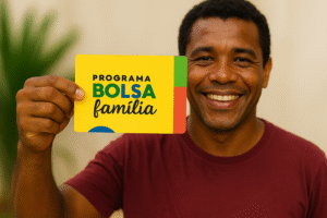 Cartão do Bolsa Família segurado por beneficiário, simbolizando o calendário do Bolsa Família e os próximos pagamentos.