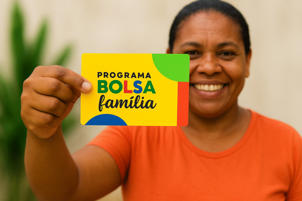 Beneficiário mostra cartão do Bolsa Família, representando o calendário do Bolsa Família com datas confirmadas.