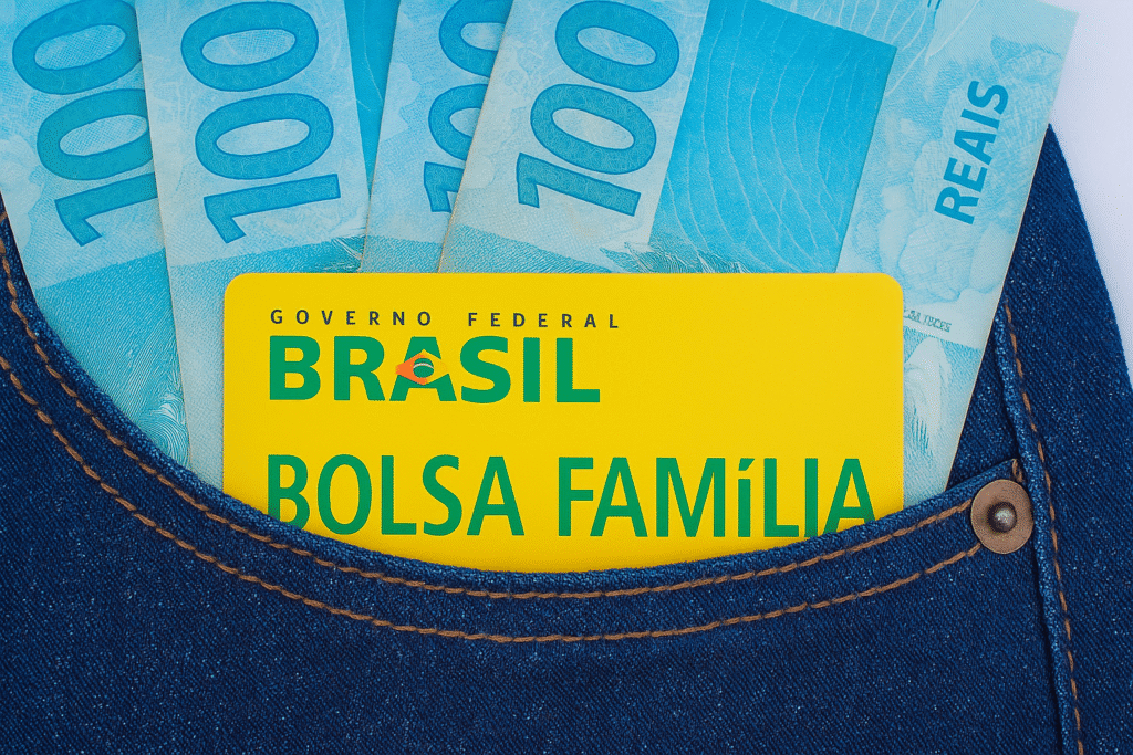 Cartão do Bolsa Família no bolso de jeans com notas de 100 reais.