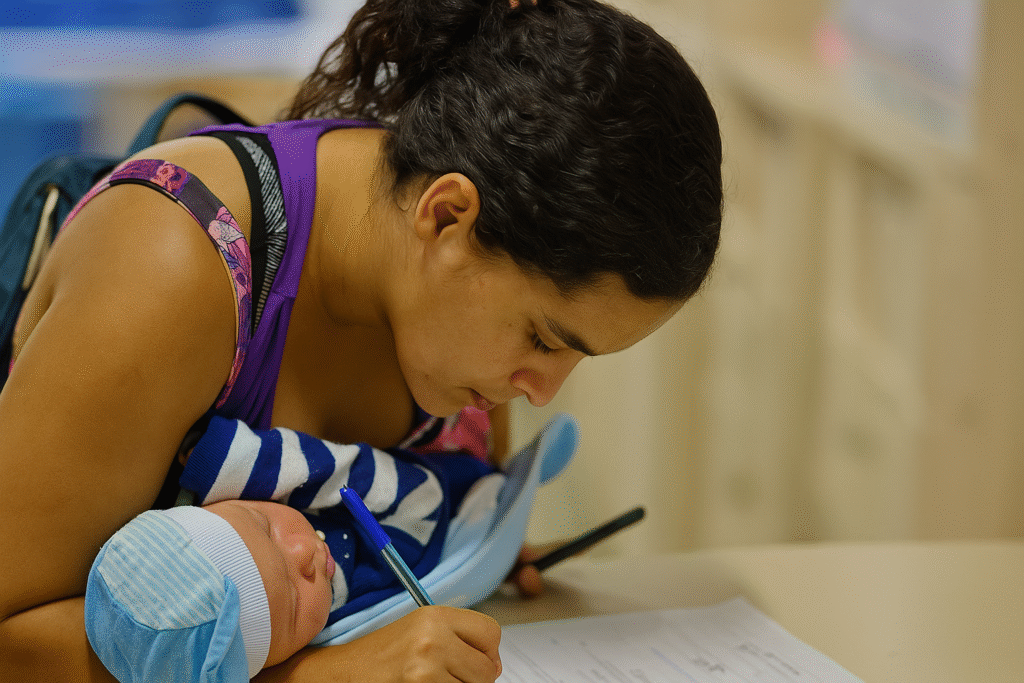 Mãe com bebê no colo assina documento para receber Kit Natalidade no CRAS Plataforma.