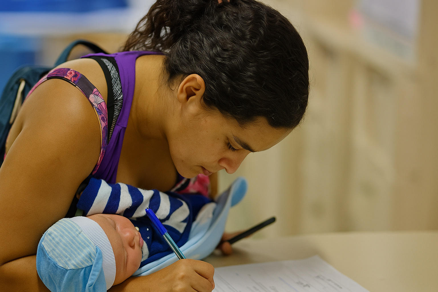 Mãe com bebê no colo assina documento para receber Kit Natalidade no CRAS Plataforma.