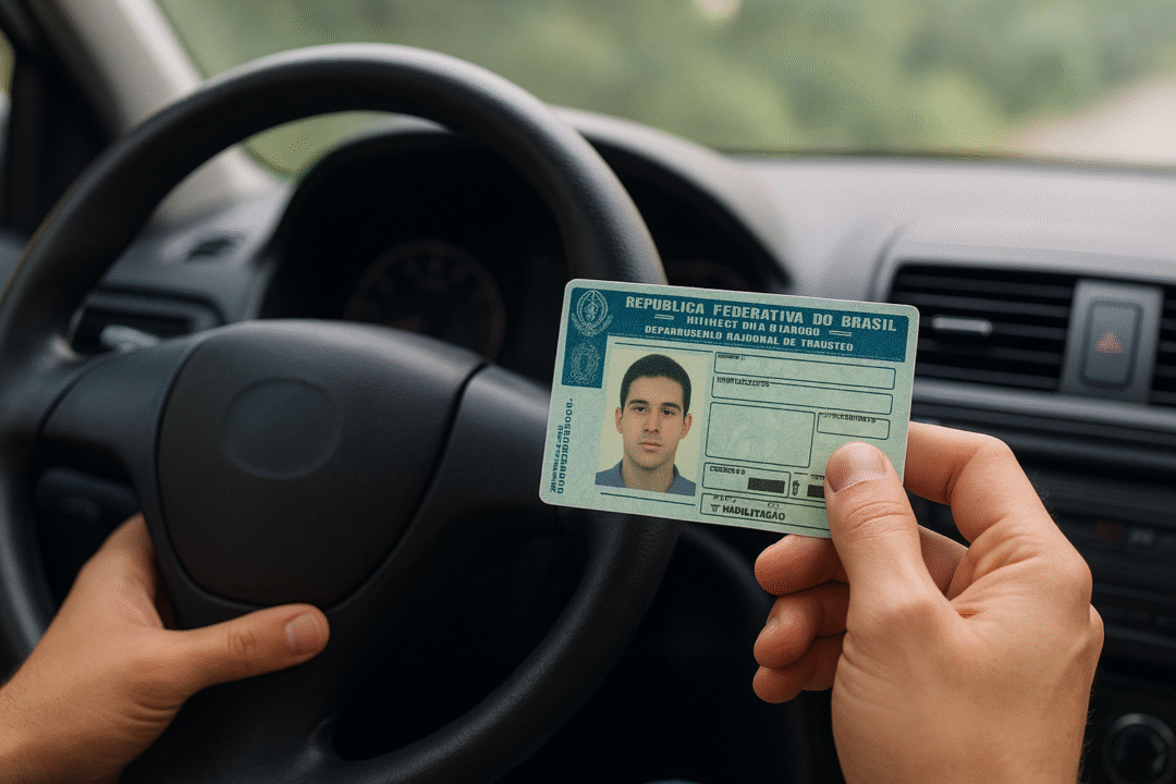 Mãos de motorista segurando uma CNH brasileira enquanto dirige, representando o programa CNH Social.