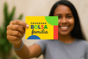 Mulher segurando o cartão do Programa Bolsa Família em destaque, benefício social do governo federal.