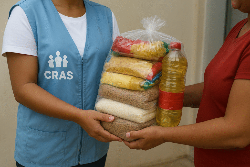 Agente do CRAS entrega cesta básica com alimentos a mulher em vulnerabilidade social.