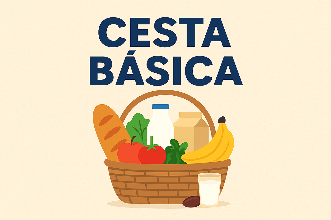 Cesta básica com alimentos variados e saudáveis sobre uma mesa, simbolizando o direito à alimentação adequada no Brasil.