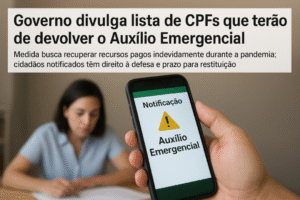 Celular exibe notificação do governo sobre devolução do Auxílio Emergencial enquanto mulher analisa documentos preocupada.