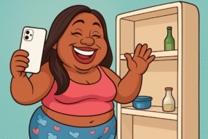 Caricatura de uma mulher sorridente segurando um celular ao lado de uma geladeira, simbolizando a “Diva do CRAS”.