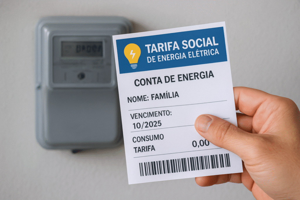 Pessoa segura uma conta de energia elétrica com tarifa social zerada em frente a um medidor, simbolizando o benefício do programa Luz do Povo para famílias do CadÚnico.
