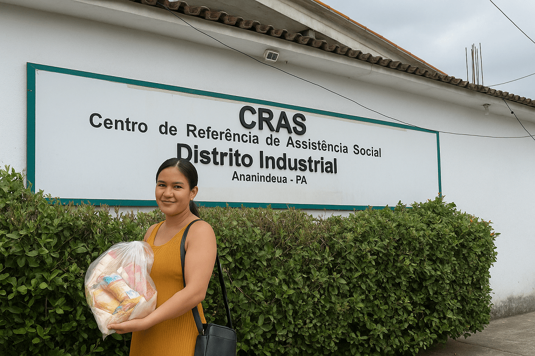 Mulher atendida pelo CRAS Distrito Industrial segurando cesta de alimentos entregue pela SEMCAT em Ananindeua.