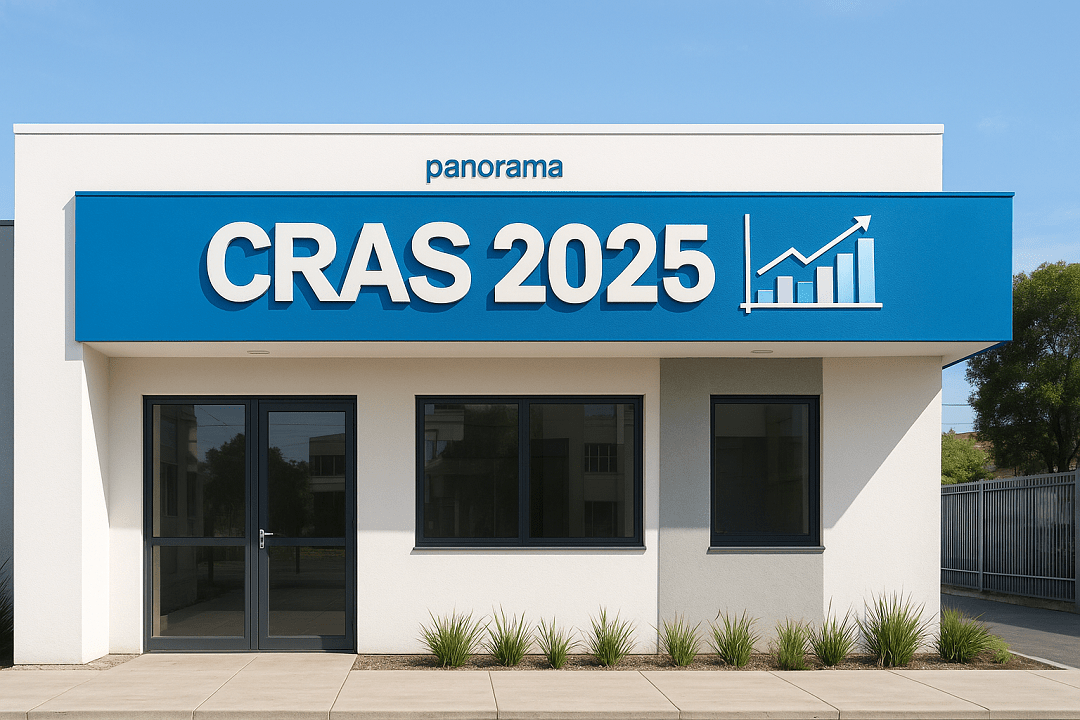 Fachada moderna com a inscrição “CRAS 2025” e um gráfico ascendente, simbolizando o panorama e os dados estatísticos dos CRAS no Brasil.