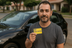 Homem segurando um cartão do Bolsa Família em frente a um carro preto, simbolizando a dúvida sobre a posse de veículo e o benefício.