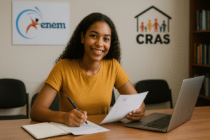 Jovem mulher negra sorridente estuda em uma mesa com laptop e papéis no CRAS, simbolizando o apoio do CadÚnico aos estudantes do ENEM.