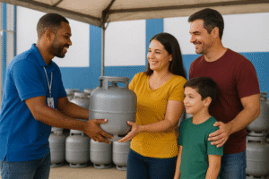 Atendente entrega botijão de gás a uma família em ponto de distribuição do Programa Gás do Povo.