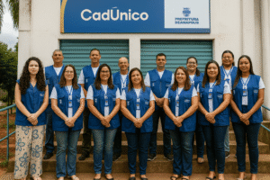 Equipe do CadÚnico posando em frente à unidade de atendimento, usando coletes azuis e crachás, organizada em duas fileiras na escadaria do prédio.