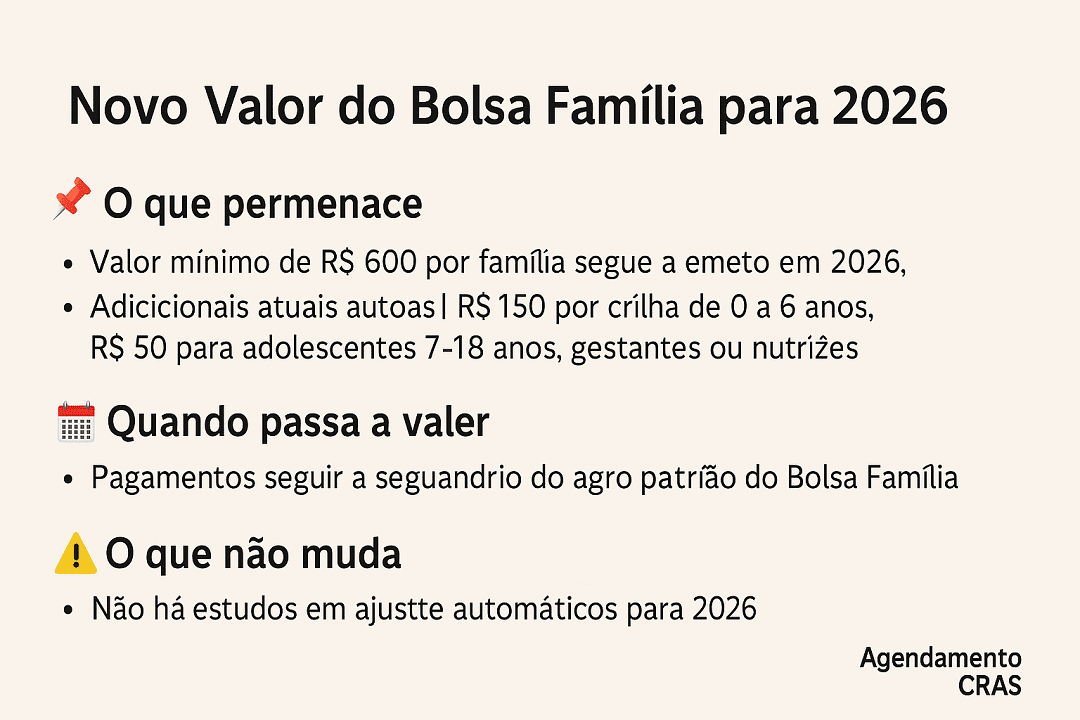 Infográfico sobre o novo valor do Bolsa Família 2026, mostrando informações sobre pagamentos, benefícios e regras atualizadas.