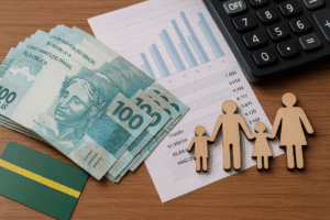 Notas de 100 reais, gráfico e figuras de uma família simbolizando o novo valor do Bolsa Família 2026.