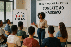 Palestrante do CRAS conversa com estudantes em sala de aula durante atividade sobre combate ao racismo.