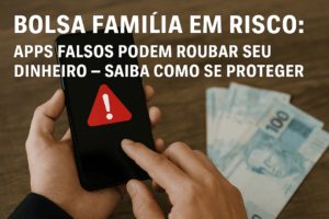 Alerta para golpes do Bolsa Família: pessoa segura celular com aviso de perigo enquanto notas de dinheiro aparecem desfocadas ao fundo, representando risco de perda do benefício.