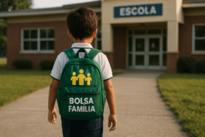 Criança de costas caminhando para a escola com uma mochila verde estampada com o logo do Bolsa Família.