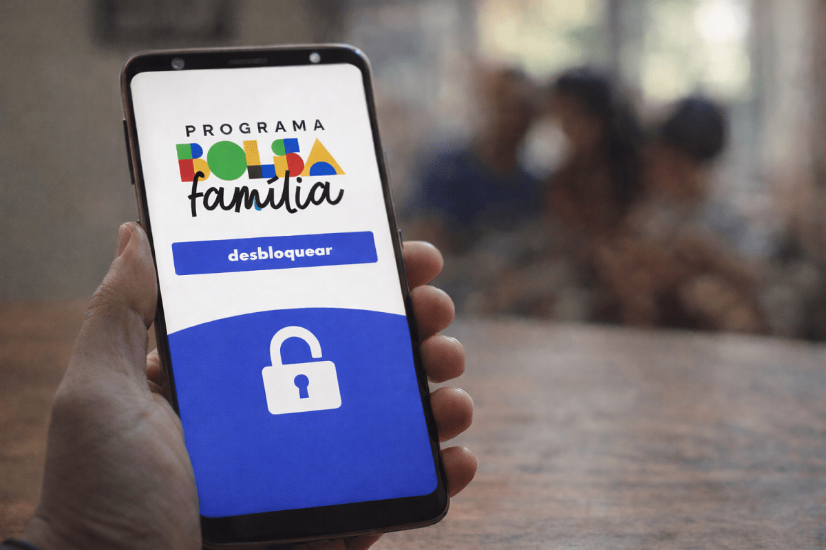Celular com aplicativo do Bolsa Família exibindo símbolo de desbloqueio após decisão do STF