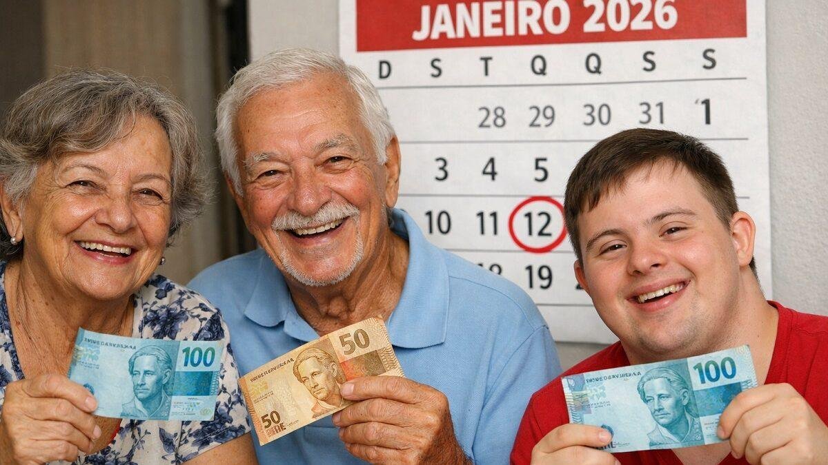Idosos e pessoa com deficiência segurando notas de real simbolizando o aumento do BPC em 2026