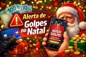 Alerta de golpes no Natal envolvendo 13º salário e benefícios sociais, com aviso de fraude em celular e cartão bancário