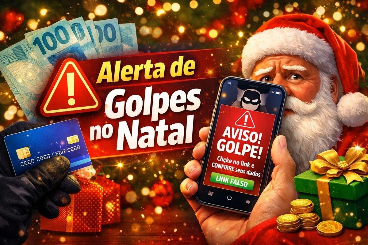 Alerta de golpes no Natal envolvendo 13º salário e benefícios sociais, com aviso de fraude em celular e cartão bancário