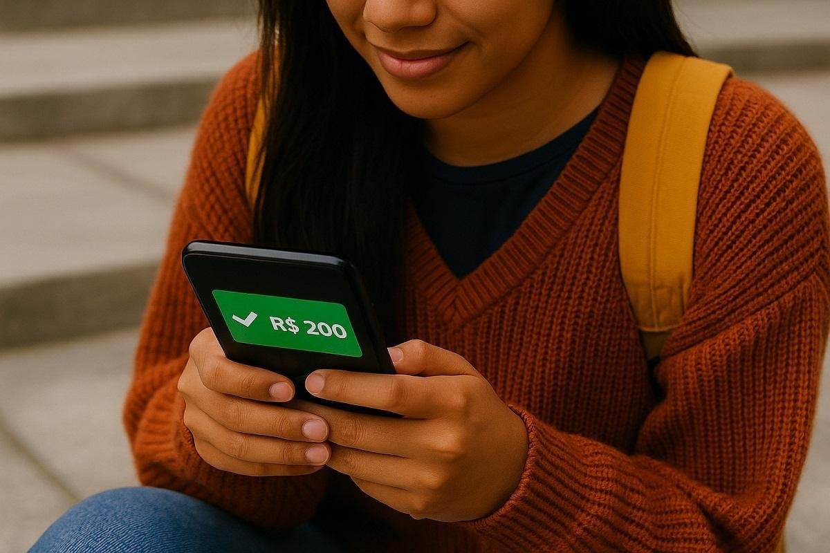 Estudante confere no celular o recebimento do pagamento do programa Pé-de-Meia em dezembro