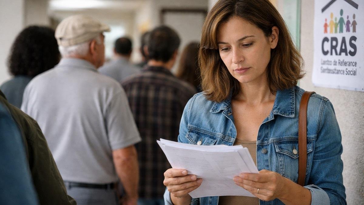 Mulher analisando documentos enquanto aguarda atendimento em unidade do CRAS