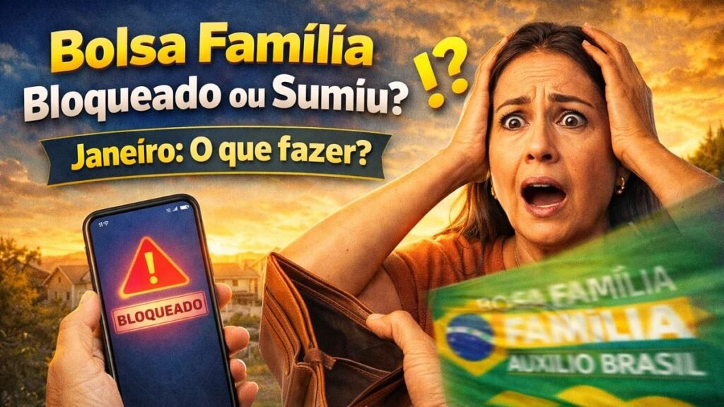 Bolsa Família bloqueado ou sumiu em janeiro: mulher preocupada e aviso no celular