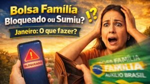 Bolsa Família bloqueado ou sumiu em janeiro: mulher preocupada e aviso no celular