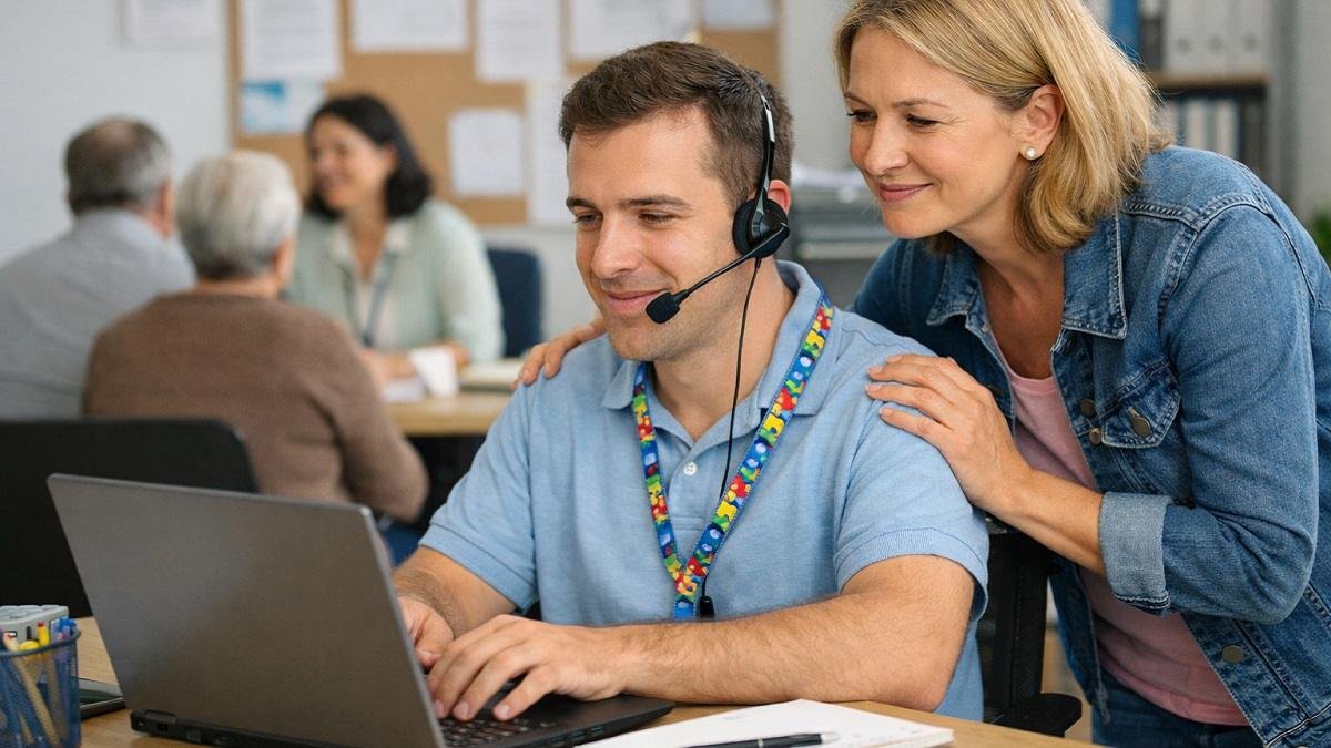 Pessoa autista trabalhando e consultando benefício no Meu INSS