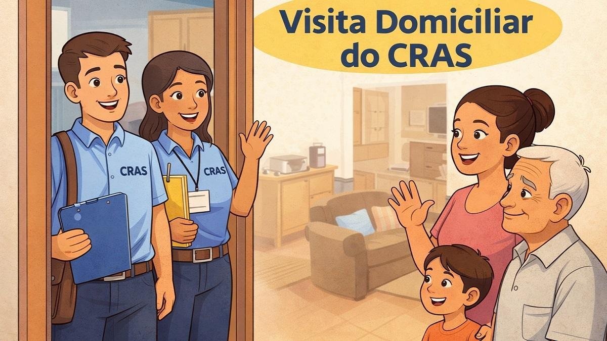 Ilustração de agentes do CRAS realizando visita domiciliar a uma família