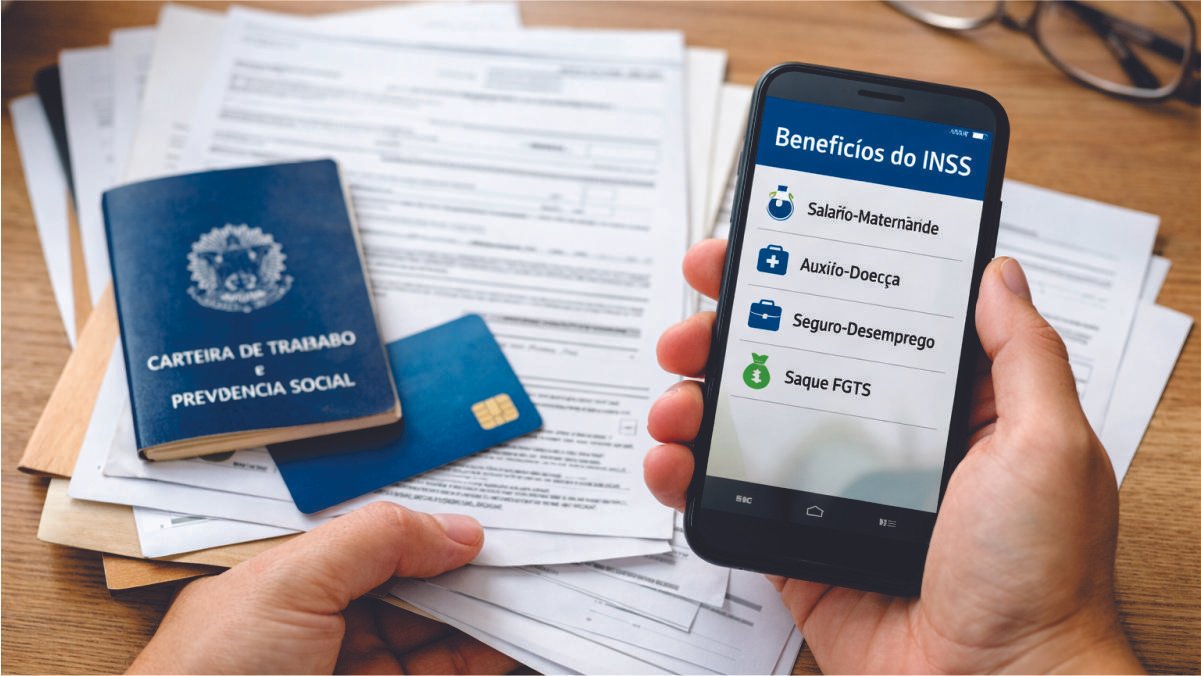 Pessoa segurando celular com lista de benefícios e documentos sobre mesa, indicando benefícios sociais que não exigem CadÚnico.
