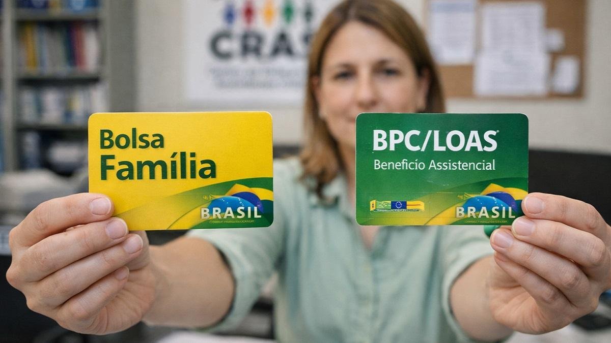 Pessoa segurando os cartões do Bolsa Família e do BPC/LOAS em um escritório do CRAS