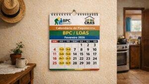 Calendário de parede mostrando as datas de pagamento do BPC e LOAS de fevereiro de 2026 em uma casa simples