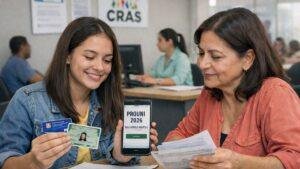 Jovem e mãe organizando documentos no CRAS para inscrição no PROUNI 2026 após o ENEM 2025