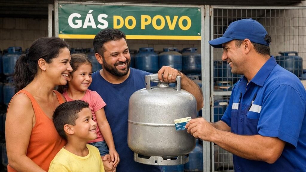 Família recebendo botijão de gás gratuito no programa Gás do Povo
