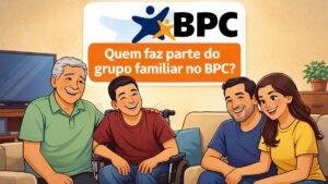 Ilustração de família brasileira reunida em casa com tema sobre grupo familiar do BPC