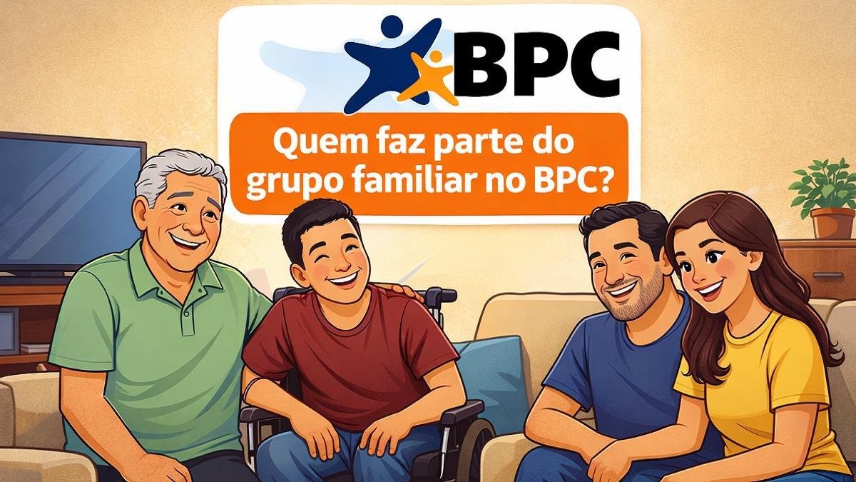 Ilustração de família brasileira reunida em casa com tema sobre grupo familiar do BPC